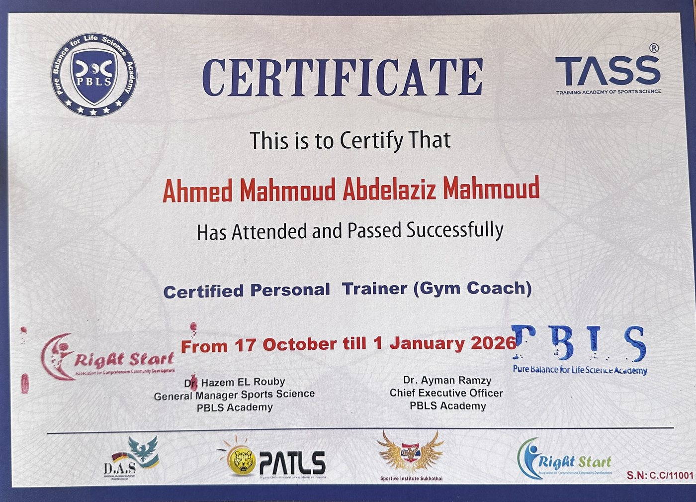 PBLS Academy certificate accredited by TASS, awarded to Ahmed Mahmoud Abdelaziz Mahmoud as a Certified Personal Trainer (Gym Coach).