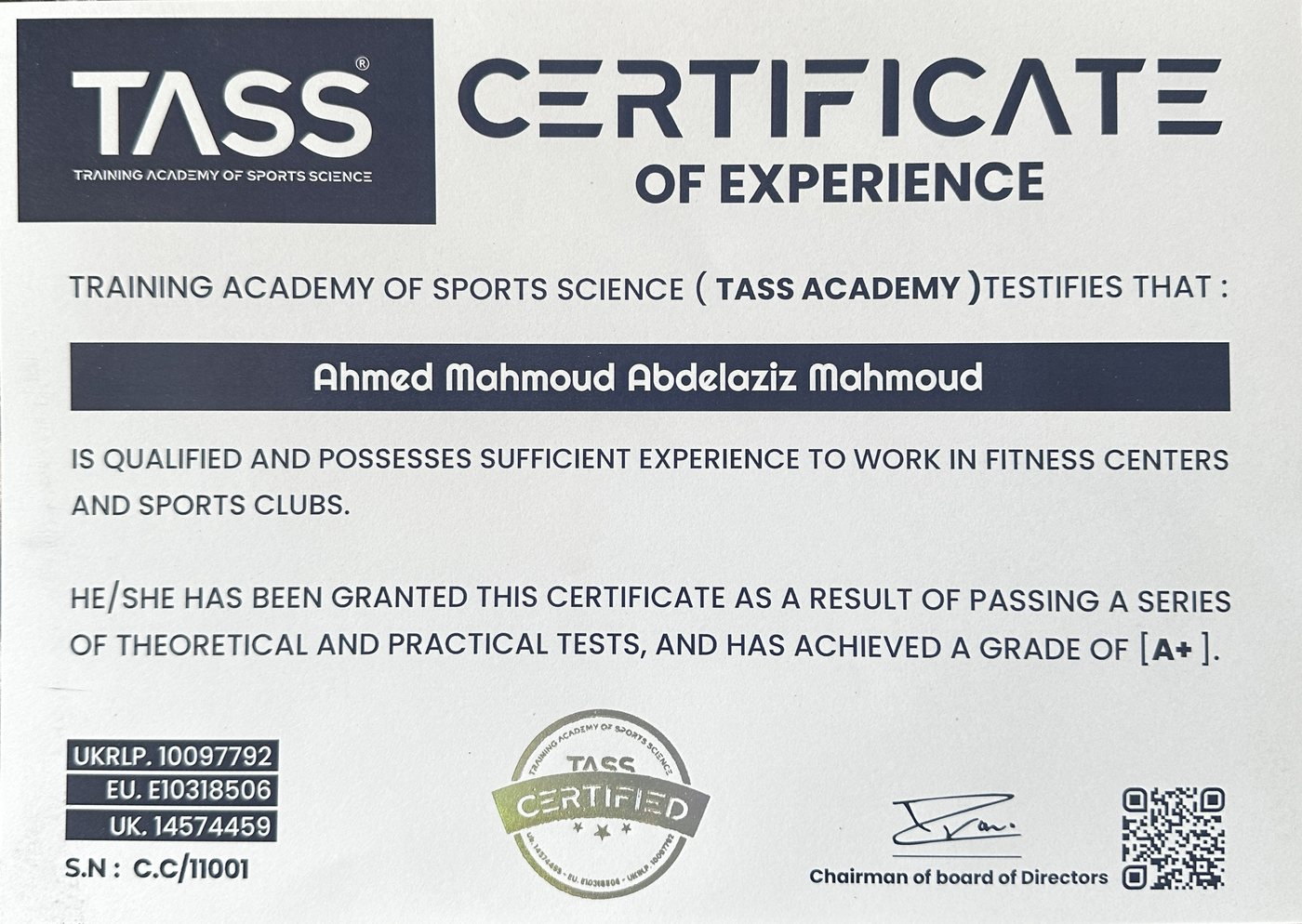 TASS Academy Certificate of Experience testifying that Ahmed Mahmoud Abdelaziz Mahmoud is qualified to work in fitness centers and sports clubs, at grade A+.
