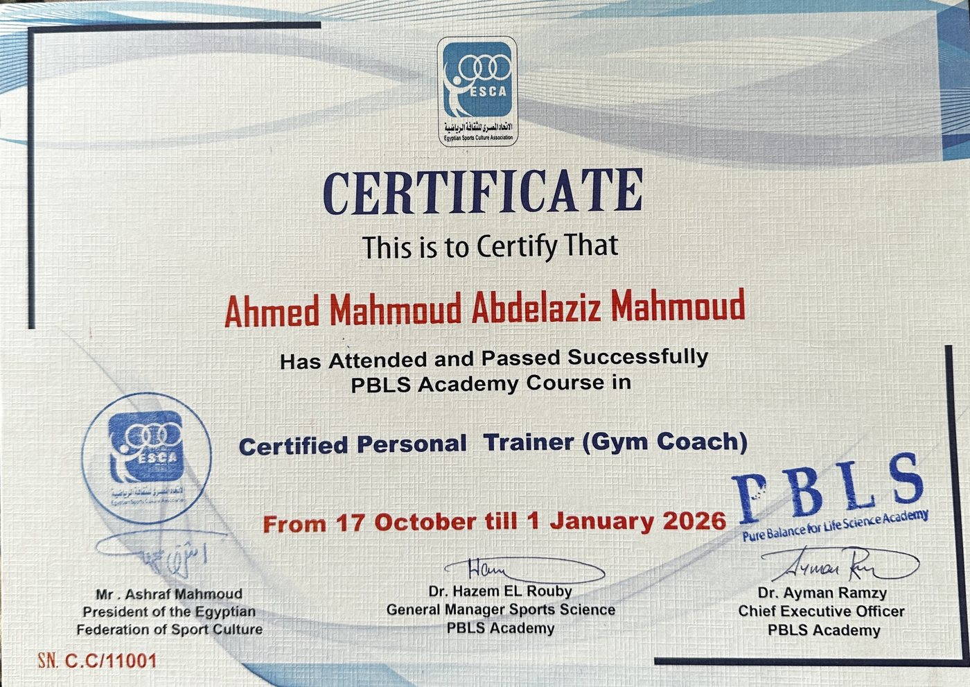 ESCA certificate awarded to Ahmed Mahmoud Abdelaziz Mahmoud as a Certified Personal Trainer, signed by the Egyptian Sports Culture Association.