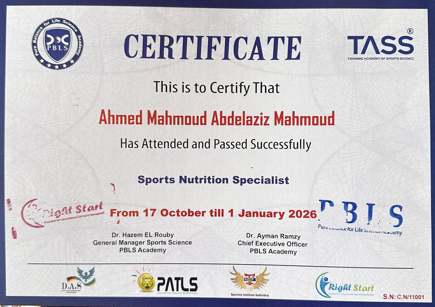 PBLS Academy certificate accredited by TASS, awarded to Ahmed Mahmoud Abdelaziz Mahmoud as a Sports Nutrition Specialist.