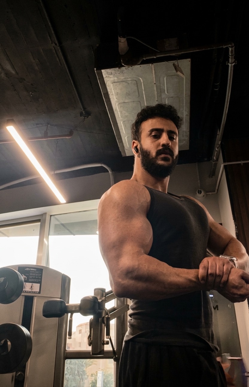 Dagher Mahmoud pausing beside a gym window.